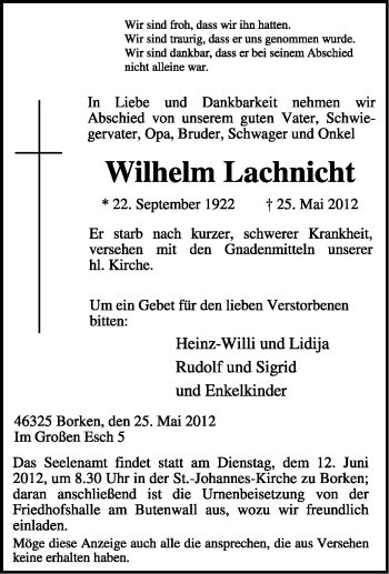 Traueranzeige von Wilhelm Lachnicht von Tageszeitung