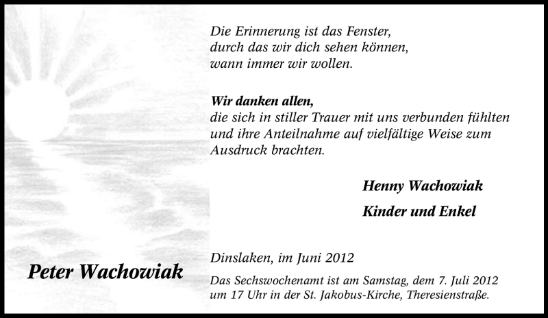 Traueranzeige für Peter Wachowiak vom 30.06.2012 aus Tageszeitung