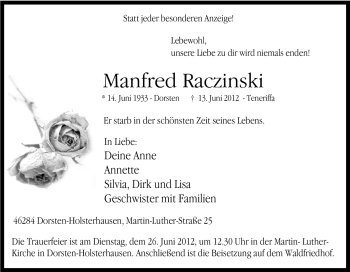 Traueranzeige von Manfred Raczinski von Tageszeitung