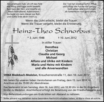 Traueranzeige von Heinz-Theo Schnorbus von Tageszeitung