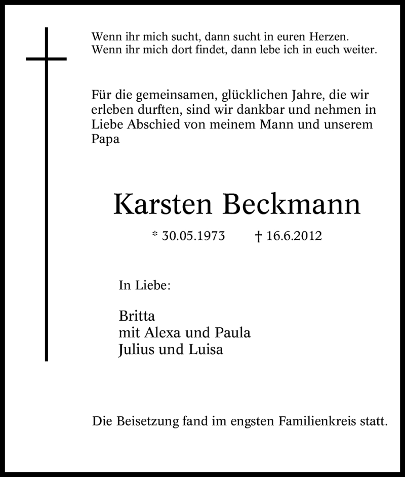  Traueranzeige für Karsten Beckmann vom 23.06.2012 aus Tageszeitung