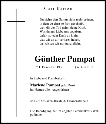 Traueranzeige von Günther Pumpat von Tageszeitung