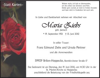 Traueranzeige von Maria Ziebs von Tageszeitung