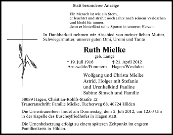 Traueranzeige von Ruth Mielke von Tageszeitung