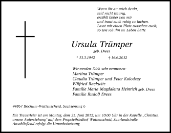Traueranzeige von Ursula Trümper von Tageszeitung