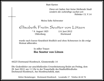 Traueranzeige von Elisabeth Seutter von Lötzen von Tageszeitung