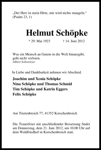 Traueranzeige von Helmut Schöpke von Tageszeitung