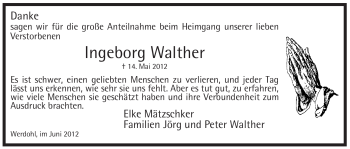 Traueranzeige von Ingeborg Walther von Tageszeitung