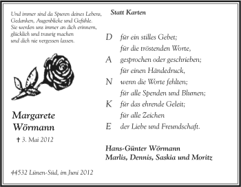 Traueranzeige von Margarete Wörmann von Tageszeitung