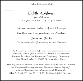 Traueranzeige von Edith Kohlwey von Tageszeitung