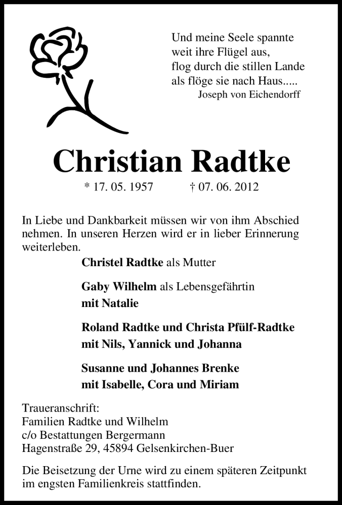  Traueranzeige für Christian Radtke vom 13.06.2012 aus Tageszeitung