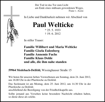Traueranzeige von Paul Welticke von Tageszeitung