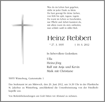 Traueranzeige von Heinz Rebbert von Tageszeitung