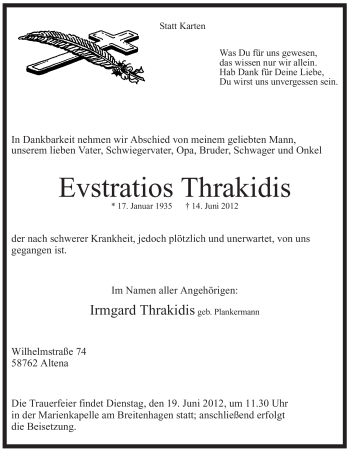 Traueranzeige von Evstratios Thrakidis von Tageszeitung