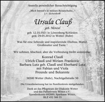 Traueranzeige von Ursula Clauß von Tageszeitung
