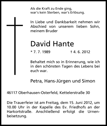 Traueranzeige von David Hante von Tageszeitung