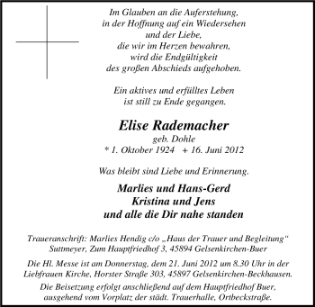 Traueranzeige von Elise Rademacher von Tageszeitung