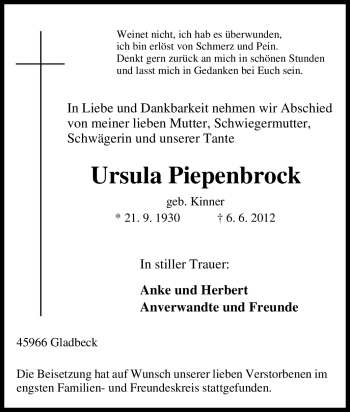 Traueranzeige von Ursula Piepenbrock von Tageszeitung