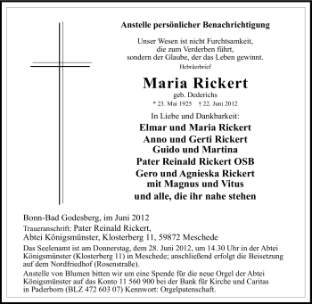 Traueranzeige von Maria Rickert von Tageszeitung