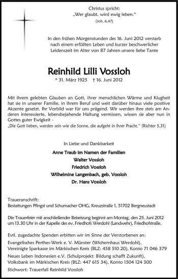 Traueranzeige von Reinhild Lilli Vossloh von Tageszeitung