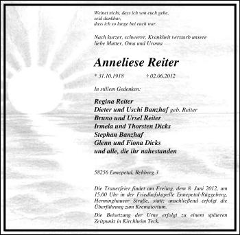Traueranzeige von Anneliese Reiter von Tageszeitung