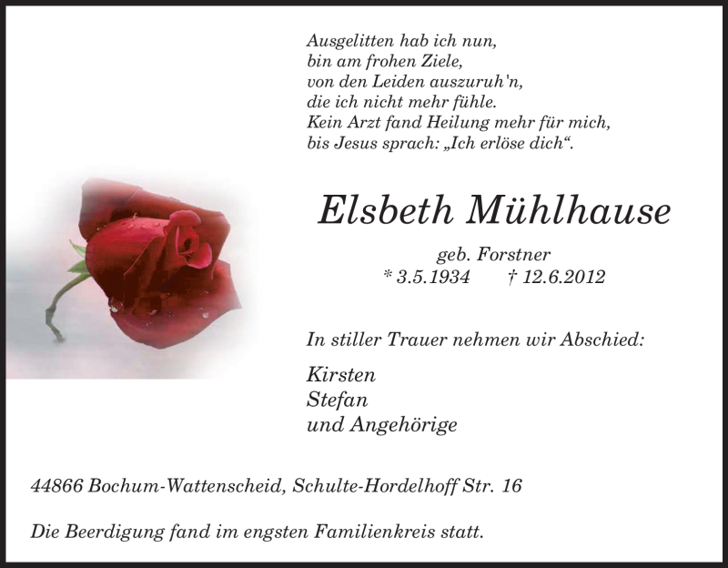  Traueranzeige für Elsbeth Mühlhause vom 21.06.2012 aus Tageszeitung