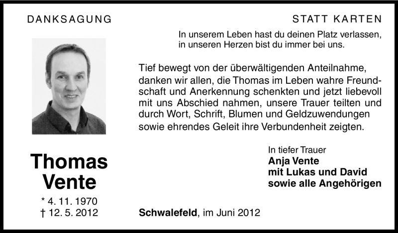  Traueranzeige für Thomas Vente vom 23.06.2012 aus Tageszeitung
