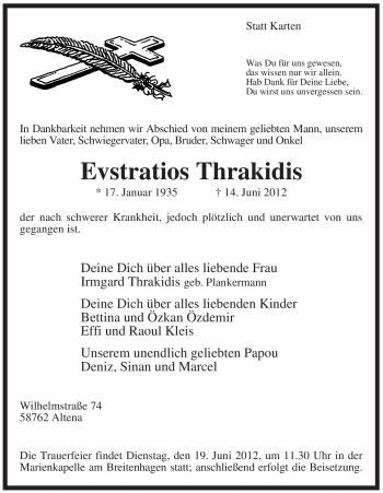 Traueranzeige von Evstratios Thrakidis von Tageszeitung