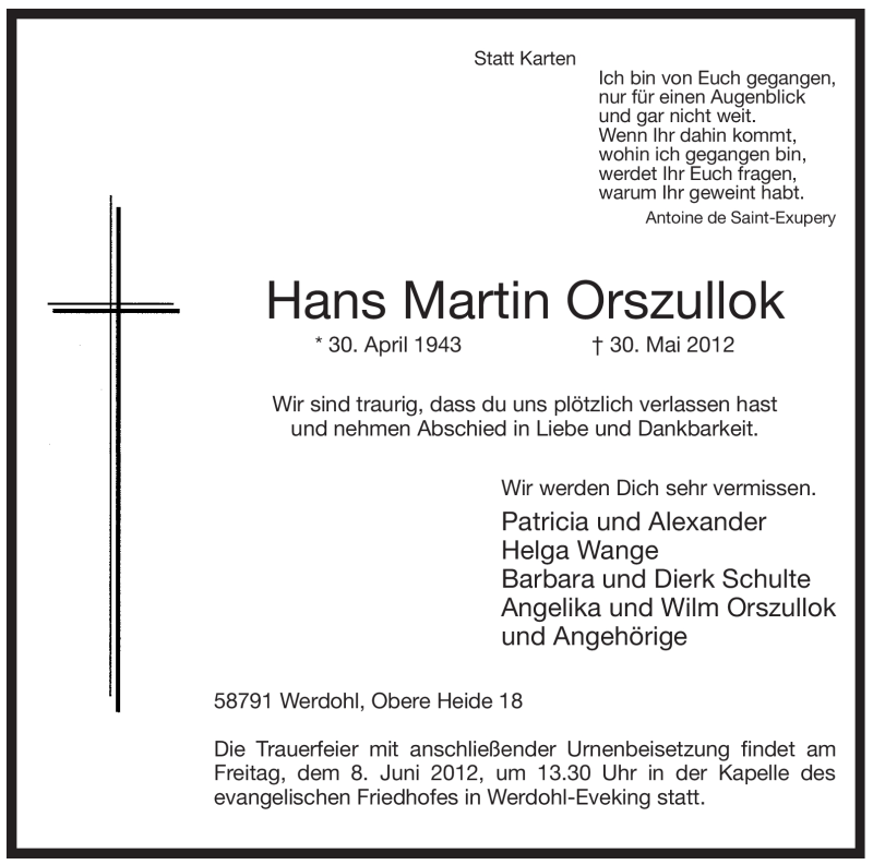  Traueranzeige für Hans Martin Orszullok vom 02.06.2012 aus Tageszeitung