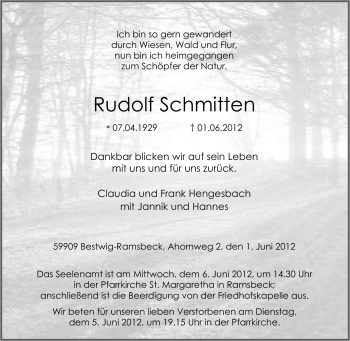 Traueranzeige von Rudolf Schmitten von Tageszeitung