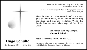 Traueranzeige von Hugo Schulte von Tageszeitung