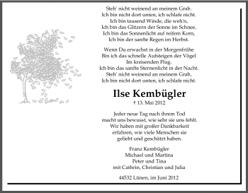 Traueranzeige von Ilse Kembügler von Tageszeitung