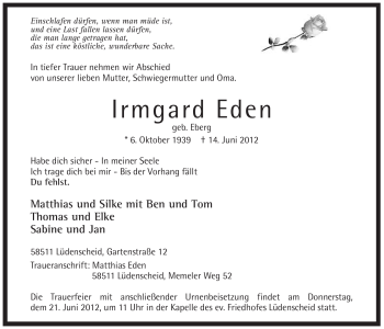 Traueranzeige von Irmgard Eden von Tageszeitung