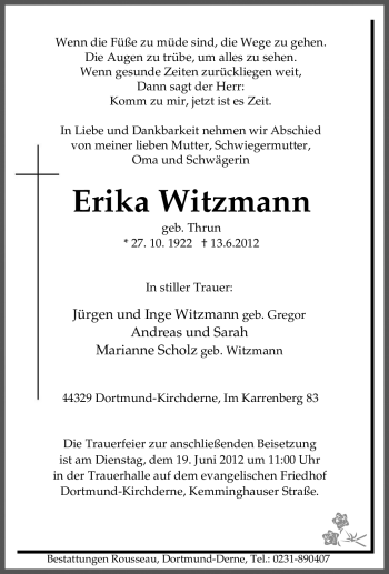 Traueranzeige von Erika Witzmann von Tageszeitung