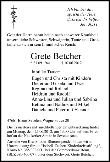 Traueranzeige von Grete Betcher von Tageszeitung