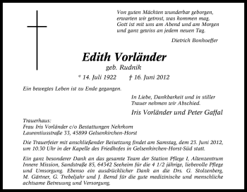 Traueranzeige von Edith Vorländer von Tageszeitung