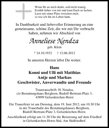 Traueranzeige von Anneliese Nendza von Tageszeitung