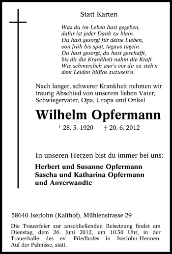 Traueranzeige von Wilhelm Opfermann von Tageszeitung