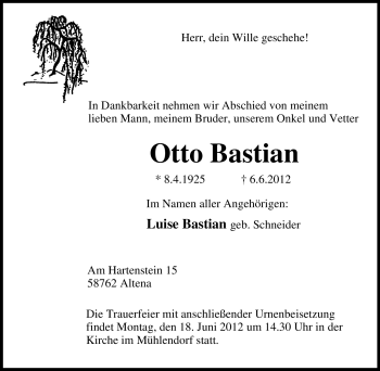 Traueranzeige von Otto Bastian von Tageszeitung