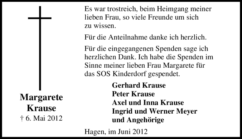  Traueranzeige für Margarete Krause vom 09.06.2012 aus Tageszeitung