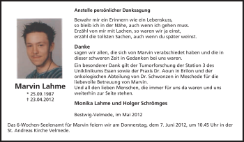Traueranzeige von Marvin Lahme von Tageszeitung