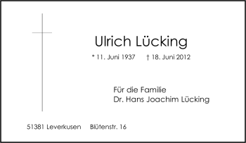 Traueranzeige von Ulrich Lücking von Tageszeitung