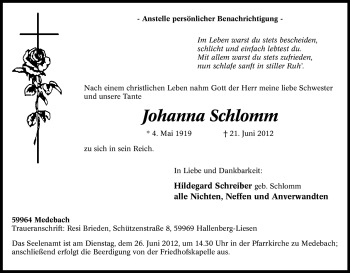 Traueranzeige von Johanna Schlomm von Tageszeitung
