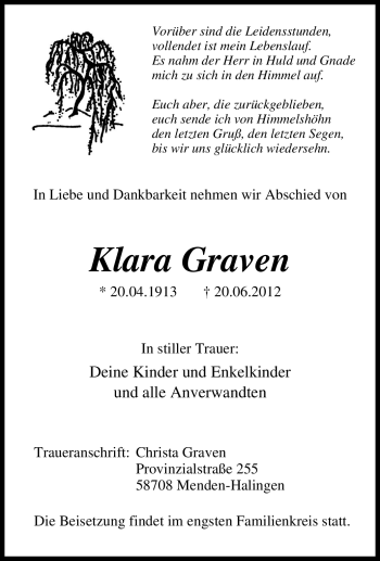 Traueranzeige von Klara Graven von Tageszeitung