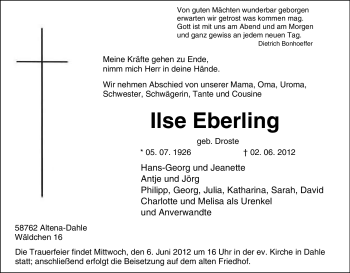 Traueranzeige von Ilse Eberling von Tageszeitung