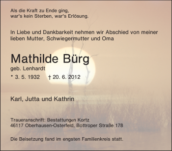 Traueranzeige von Mathilde Bürg von Tageszeitung
