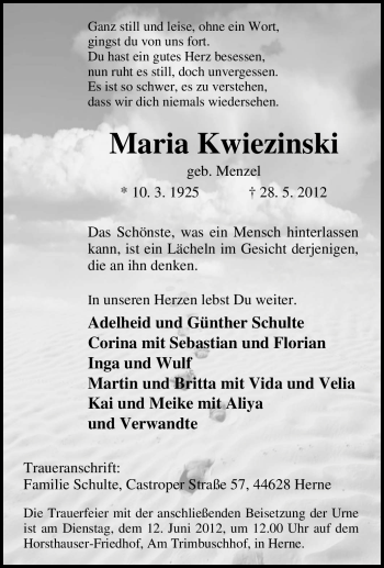 Traueranzeige von Maria Kwiezinski von Tageszeitung