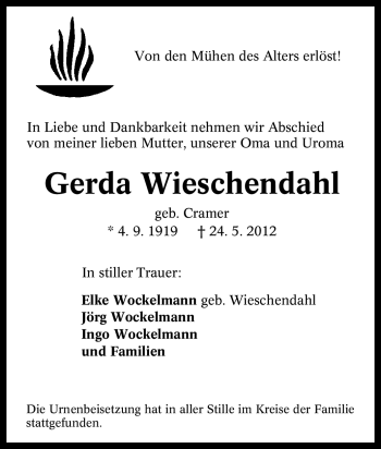 Traueranzeige von Gerda Wieschendahl von Tageszeitung
