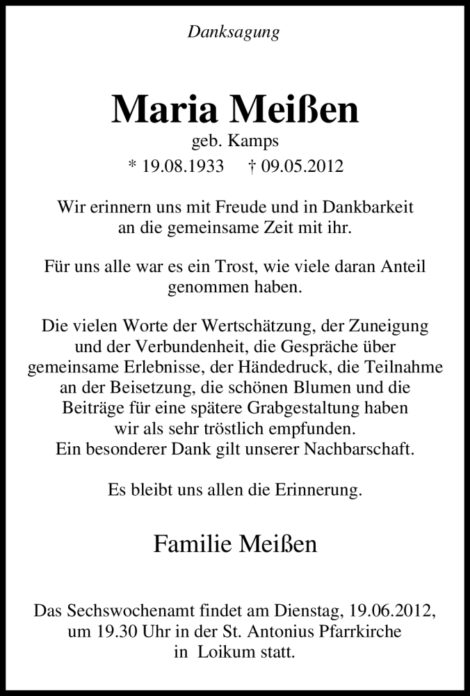  Traueranzeige für Maria Meißen vom 16.06.2012 aus Tageszeitung