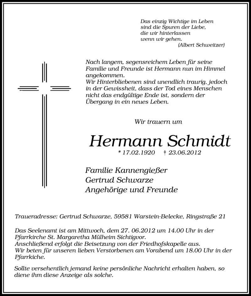  Traueranzeige für Hermann Schmidt vom 25.06.2012 aus Tageszeitung